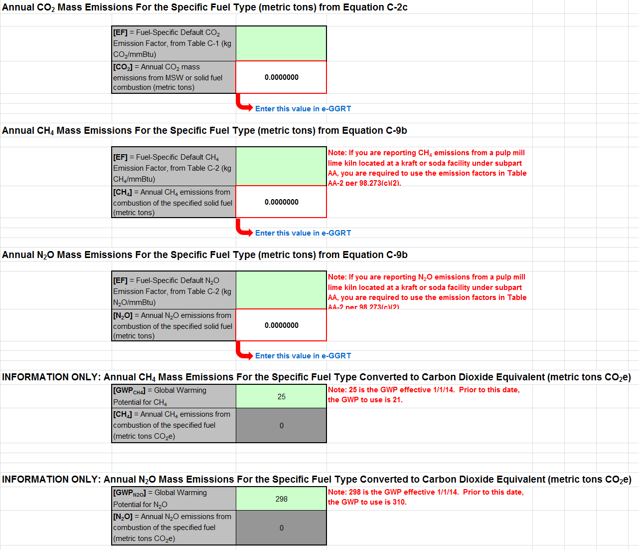 C-2c, C-9b Calculation Spreadsheet of CO2, CH4, and N2O Data Entries into the Green Cells